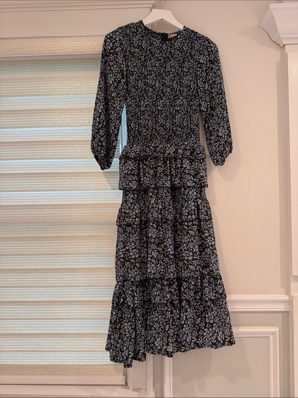 Black Floral Tiered Midi Dress with Blue Floral Print